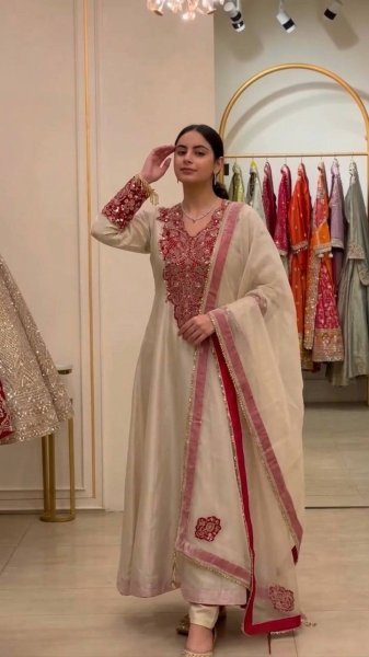 Regal Cream Soft Organza Gown with 3 Meter Flair and Heavy Sequins Embroidery at Factory Price Ready To Wear Collection