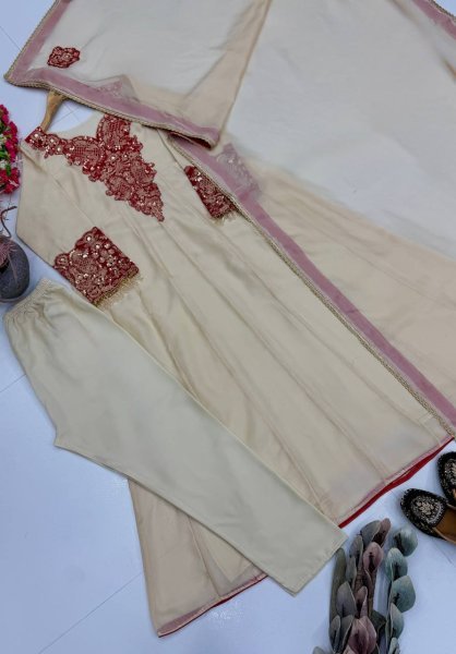 Regal Cream Soft Organza Gown with 3 Meter Flair and Heavy Sequins Embroidery at Factory Price Ready To Wear Collection