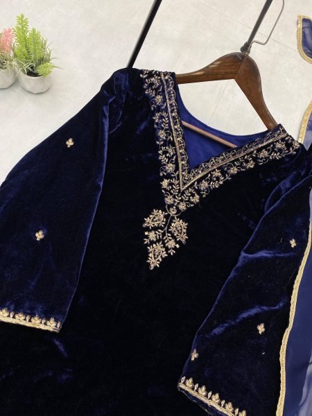 Regal Designer Blue  Ready To Wear velvet sequence-embroidered kurti set With Dupatta for party looks   Straight Cut Long Kurtis