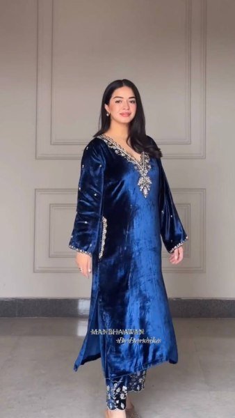Regal Designer Blue  Ready To Wear velvet sequence-embroidered kurti set With Dupatta for party looks   Straight Cut Long Kurtis