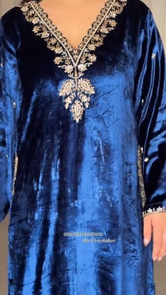 Regal Designer Blue  Ready To Wear velvet sequence-embroidered kurti set With Dupatta for party looks   Straight Cut Long Kurtis