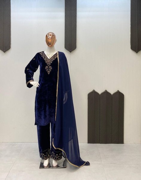 Regal Designer Blue  Ready To Wear velvet sequence-embroidered kurti set With Dupatta for party looks   Straight Cut Long Kurtis