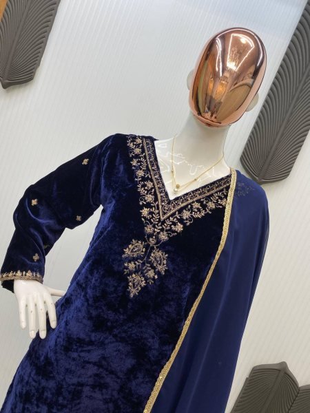 Regal Designer Blue  Ready To Wear velvet sequence-embroidered kurti set With Dupatta for party looks   Straight Cut Long Kurtis