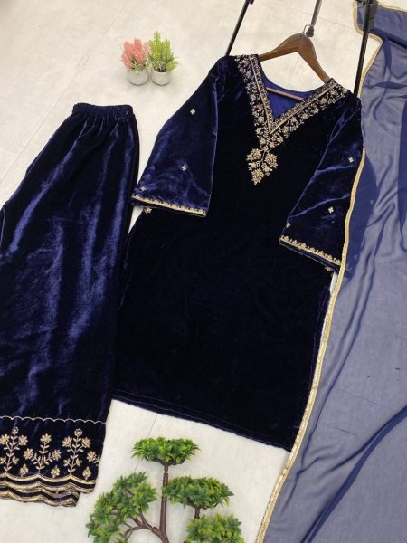 Regal Designer Blue  Ready To Wear velvet sequence-embroidered kurti set With Dupatta for party looks   Straight Cut Long Kurtis