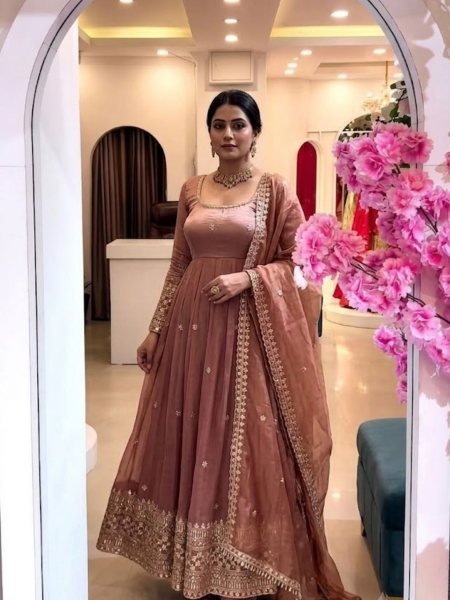 Regal Dusty Pink Embroidered Sequin Work Gown Set with Full Sleeves for Women Ready To Wear Suit