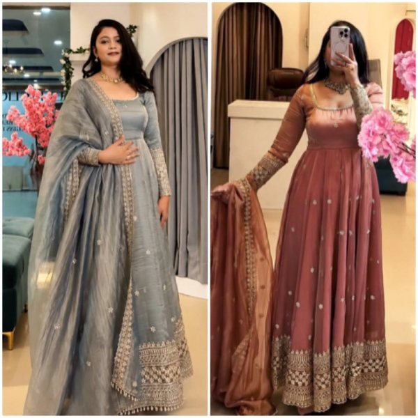 Regal Dusty Pink Embroidered Sequin Work Gown Set with Full Sleeves for Women Ready To Wear Collection