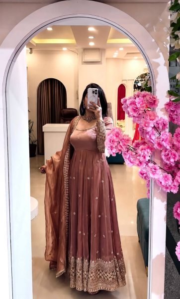 Regal Dusty Pink Embroidered Sequin Work Gown Set with Full Sleeves for Women Ready To Wear Collection