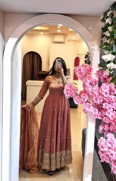 Regal Dusty Pink Embroidered Sequin Work Gown Set with Full Sleeves for Women Ready To Wear Collection