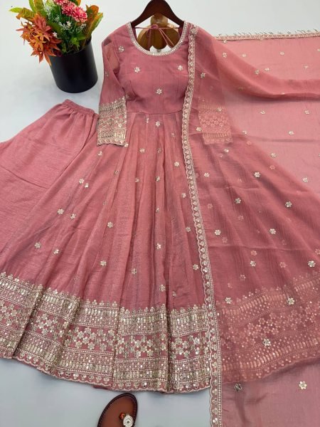 Regal Dusty Pink Embroidered Sequin Work Gown Set with Full Sleeves for Women Ready To Wear Collection