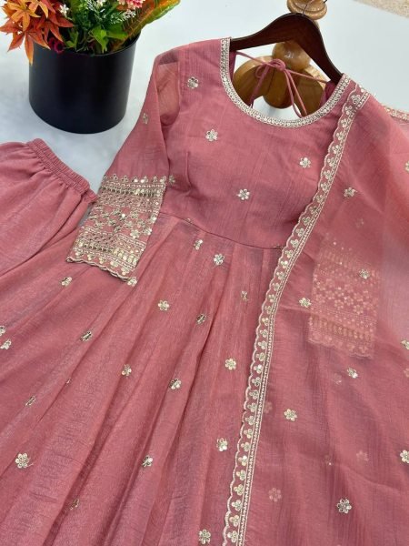Regal Dusty Pink Embroidered Sequin Work Gown Set with Full Sleeves for Women Ready To Wear Collection