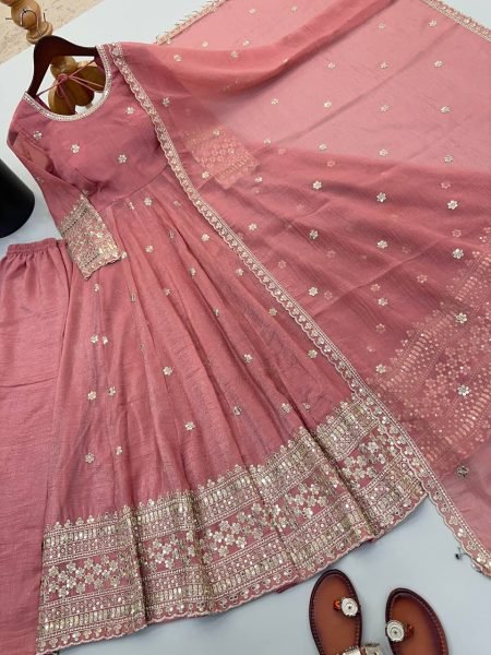 Regal Dusty Pink Embroidered Sequin Work Gown Set with Full Sleeves for Women Ready To Wear Collection