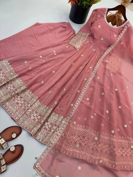 Regal Dusty Pink Embroidered Sequin Work Gown Set with Full Sleeves for Women Ready To Wear Collection