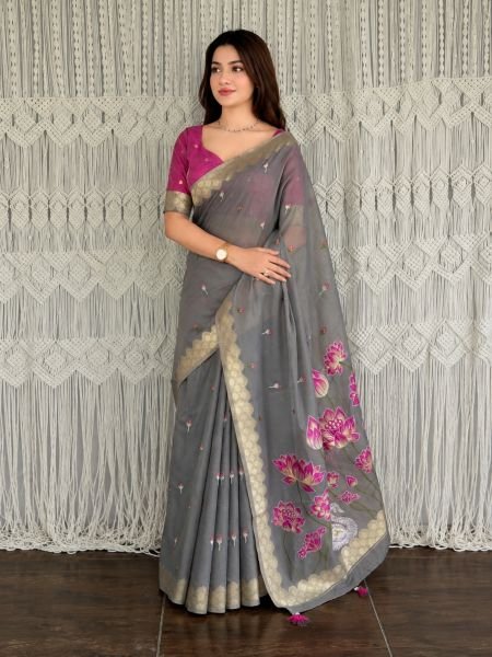 Regal Grey Festive Wear Modal Cotton Saree with Designer Motif Weaving For Bulk Order Sarees 