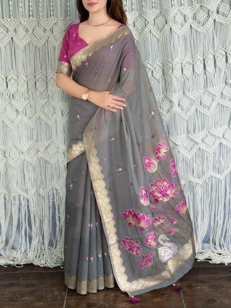 Regal Grey Festive Wear Modal Cotton Saree with Designer Motif Weaving For Bulk Order Printed Cotton Sarees Wholesale