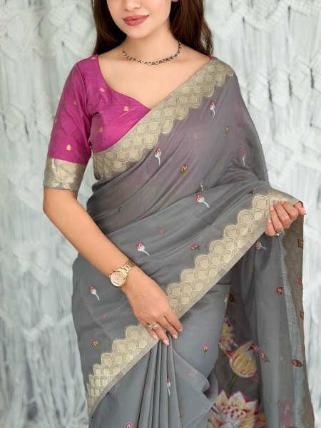 Regal Grey Festive Wear Modal Cotton Saree with Designer Motif Weaving For Bulk Order Printed Cotton Sarees Wholesale