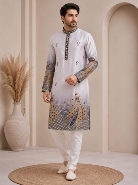 Regal Grey Men Shaded Malai Satin Kurta Pyjama with Heavy Embroidery Work Kurta Pajama Wholesale