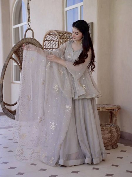 Regal Grey Tabby Silk Palazzo Suit with Foil Work Dupatta For Party Wear Ready To Wear Suit