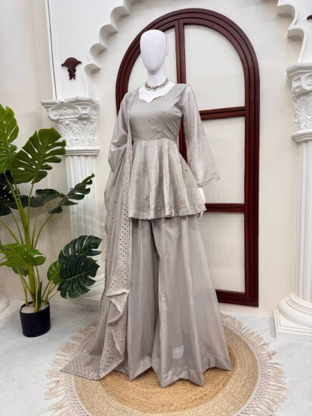 Regal Grey Tabby Silk Palazzo Suit with Foil Work Dupatta For Party Wear Ready To Wear Collection