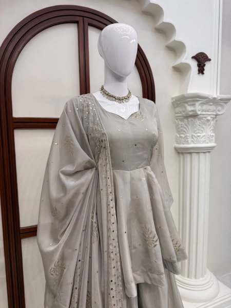 Regal Grey Tabby Silk Palazzo Suit with Foil Work Dupatta For Party Wear Ready To Wear Collection