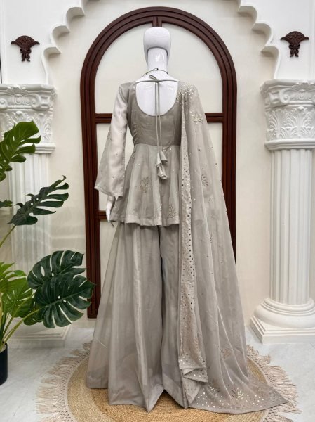 Regal Grey Tabby Silk Palazzo Suit with Foil Work Dupatta For Party Wear Ready To Wear Collection
