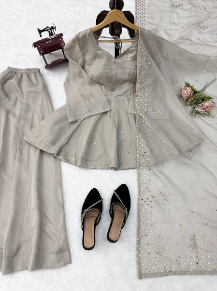 Regal Grey Tabby Silk Palazzo Suit with Foil Work Dupatta For Party Wear Ready To Wear Collection
