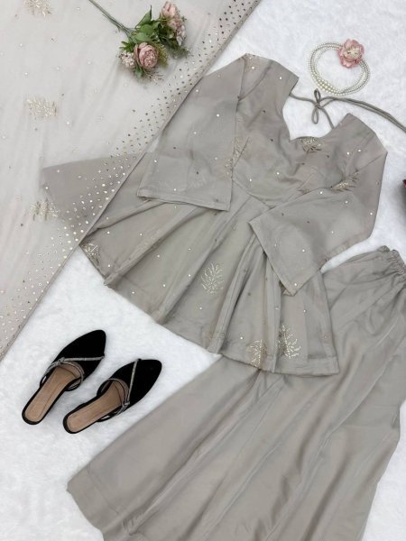 Regal Grey Tabby Silk Palazzo Suit with Foil Work Dupatta For Party Wear Ready To Wear Collection
