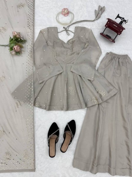 Regal Grey Tabby Silk Palazzo Suit with Foil Work Dupatta For Party Wear Ready To Wear Collection
