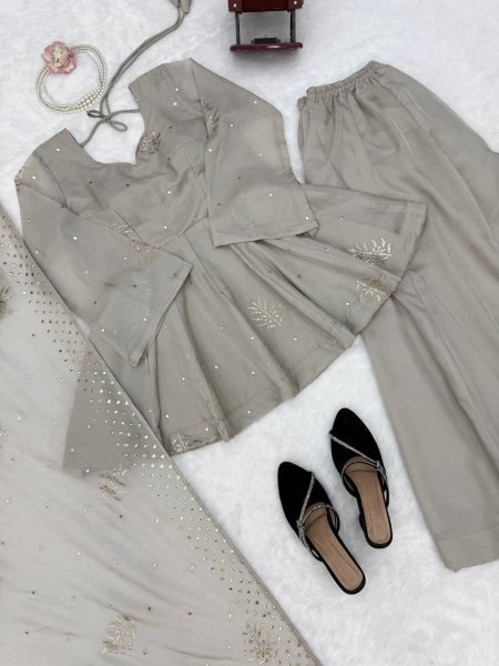 Regal Grey Tabby Silk Palazzo Suit with Foil Work Dupatta For Party Wear Ready To Wear Collection