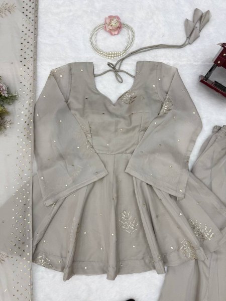 Regal Grey Tabby Silk Palazzo Suit with Foil Work Dupatta For Party Wear Ready To Wear Collection