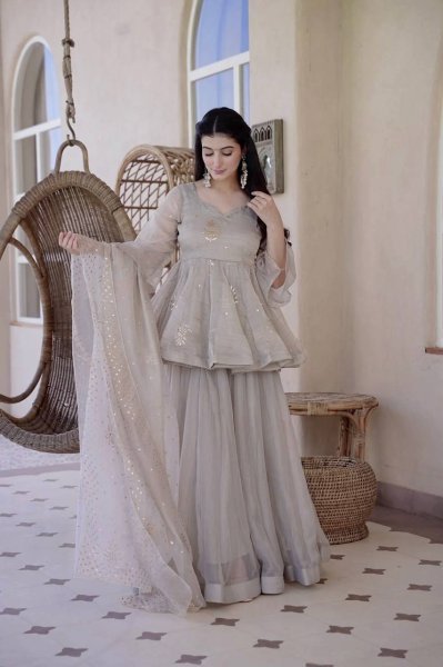 Regal Grey Tabby Silk Palazzo Suit with Foil Work Dupatta For Party Wear Ready To Wear Collection