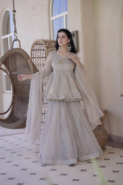 Regal Grey Tabby Silk Palazzo Suit with Foil Work Dupatta For Party Wear Ready To Wear Collection