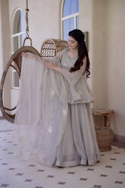 Regal Grey Tabby Silk Palazzo Suit with Foil Work Dupatta For Party Wear Ready To Wear Collection