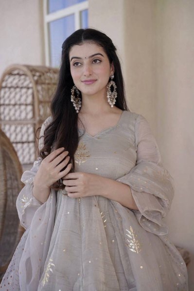 Regal Grey Tabby Silk Palazzo Suit with Foil Work Dupatta For Party Wear Ready To Wear Collection