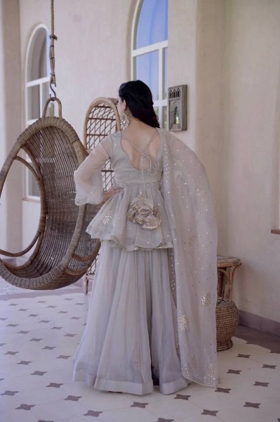 Regal Grey Tabby Silk Palazzo Suit with Foil Work Dupatta For Party Wear Ready To Wear Collection