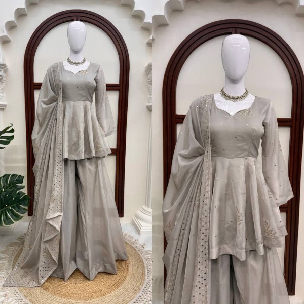 Regal Grey Tabby Silk Palazzo Suit with Foil Work Dupatta For Party Wear Ready To Wear Collection