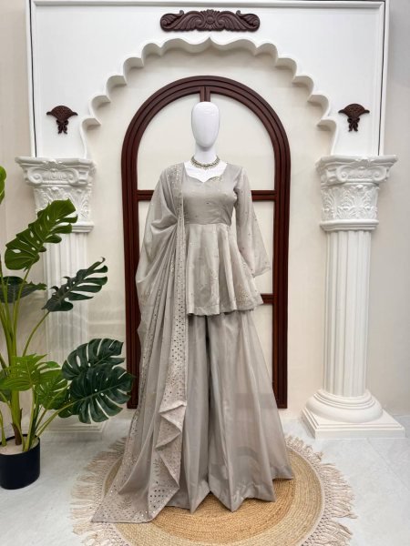 Regal Grey Tabby Silk Palazzo Suit with Foil Work Dupatta For Party Wear Ready To Wear Collection