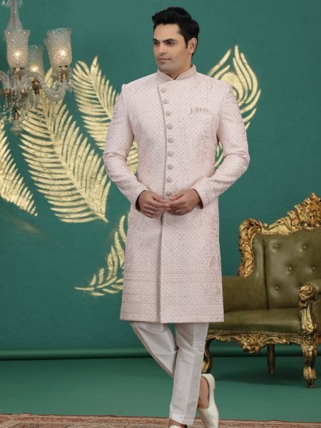 Regal Light Pink Designer Premium Banarasi Kurta Set with Dupion Art Silk Bottom Mens Wear