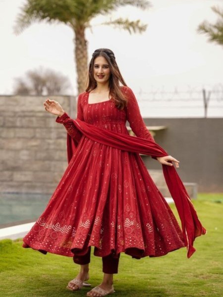 Regal Maroon Georgette Kurta Pant Dupatta Set with Allover Embroidery  