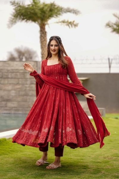 Regal Maroon Georgette Kurta Pant Dupatta Set with Allover Embroidery  Ready To Wear Collection
