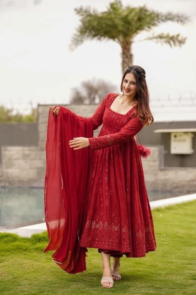Regal Maroon Georgette Kurta Pant Dupatta Set with Allover Embroidery  Ready To Wear Collection