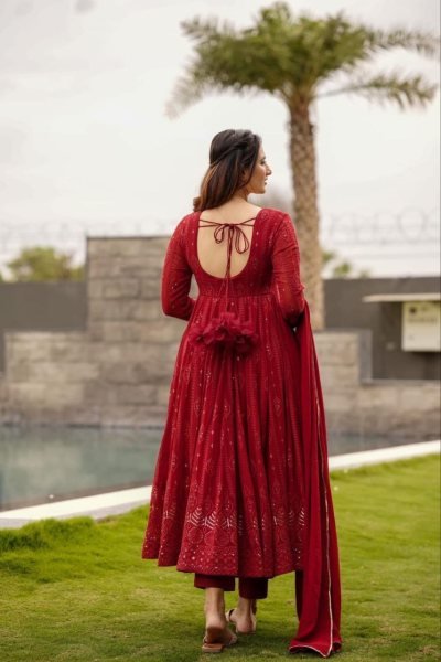 Regal Maroon Georgette Kurta Pant Dupatta Set with Allover Embroidery  Ready To Wear Collection