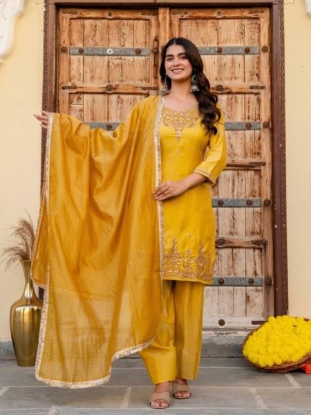 Regal Musart Yellow Silk Sindoor Satin Kurti Pant Dupatta Set with Beads Work Ready To Wear Suit