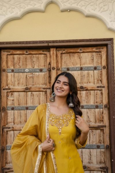 Regal Musart Yellow Silk Sindoor Satin Kurti Pant Dupatta Set with Beads Work Ready To Wear Collection