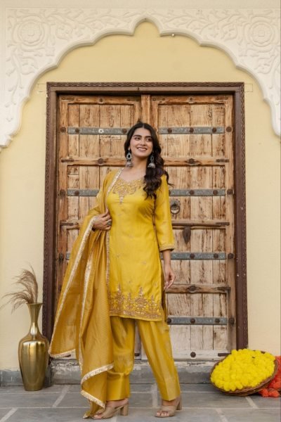Regal Musart Yellow Silk Sindoor Satin Kurti Pant Dupatta Set with Beads Work Ready To Wear Collection