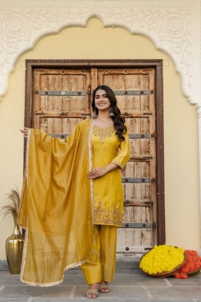 Regal Musart Yellow Silk Sindoor Satin Kurti Pant Dupatta Set with Beads Work Ready To Wear Collection