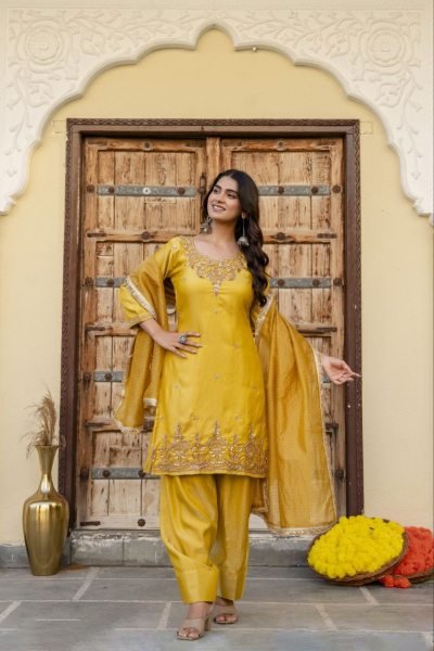 Regal Musart Yellow Silk Sindoor Satin Kurti Pant Dupatta Set with Beads Work Ready To Wear Collection