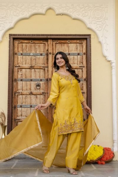 Regal Musart Yellow Silk Sindoor Satin Kurti Pant Dupatta Set with Beads Work Ready To Wear Collection