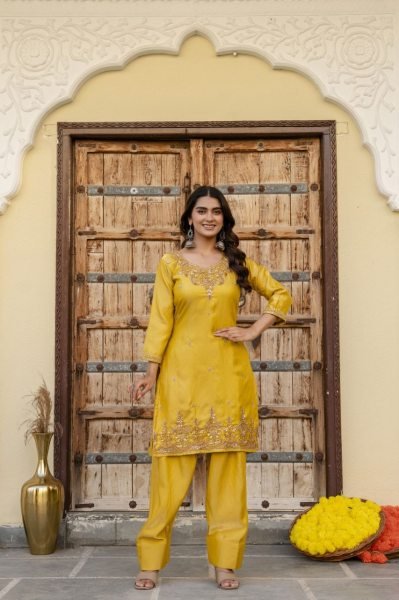 Regal Musart Yellow Silk Sindoor Satin Kurti Pant Dupatta Set with Beads Work Ready To Wear Collection