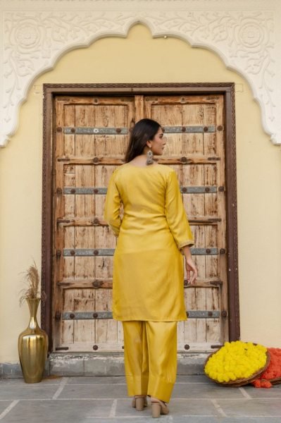 Regal Musart Yellow Silk Sindoor Satin Kurti Pant Dupatta Set with Beads Work Ready To Wear Collection