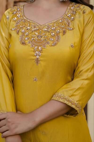 Regal Musart Yellow Silk Sindoor Satin Kurti Pant Dupatta Set with Beads Work Ready To Wear Collection